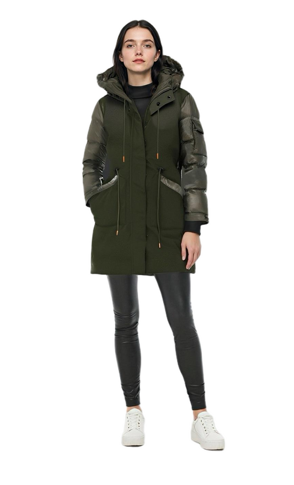 Matte & Lacquer Mixed Midi-Length Parka Coat with Left Sleeve Pocket