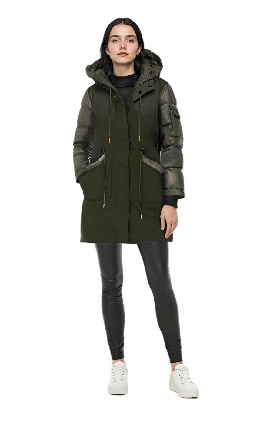 Matte & Lacquer Mixed Midi-Length Parka Coat with Left Sleeve Pocket