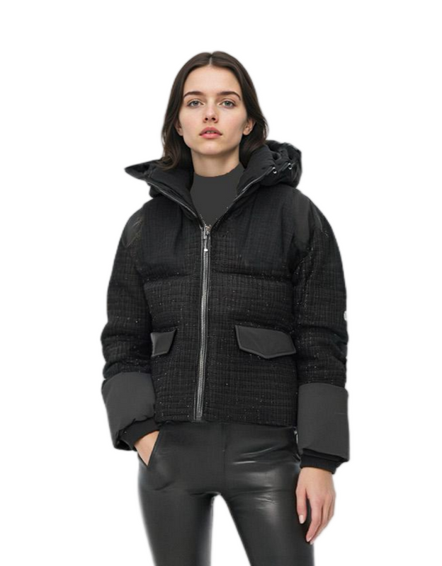 Tweed & Matte Mixed Short Puffer Coat with Adjustable Hood