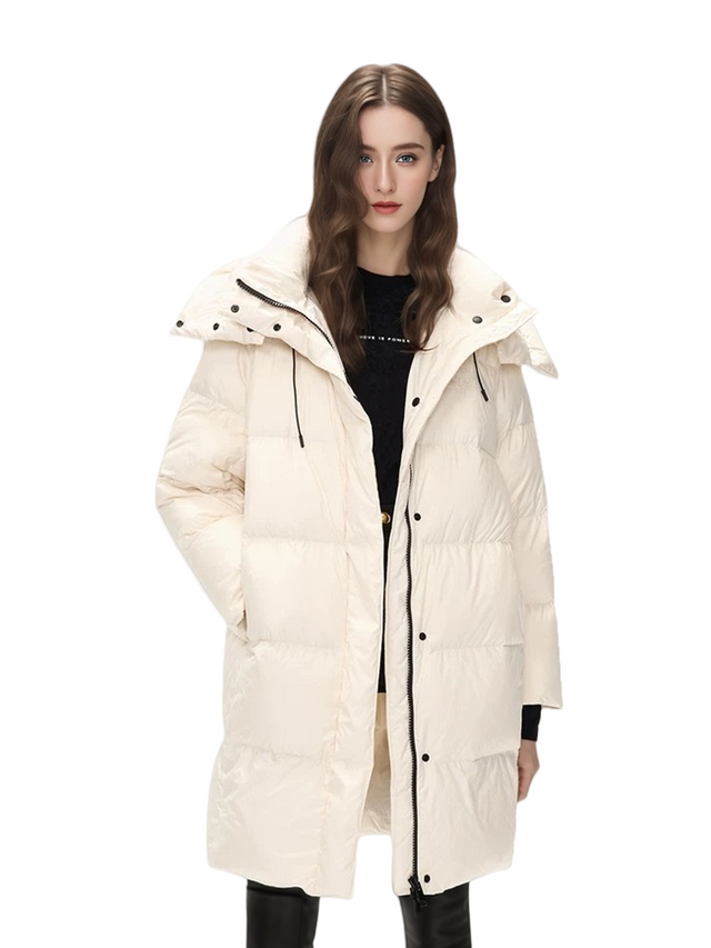 Zimski snemljiv s kapuco s kapuco srednje dolžine, eleganten ženski puffer plašč