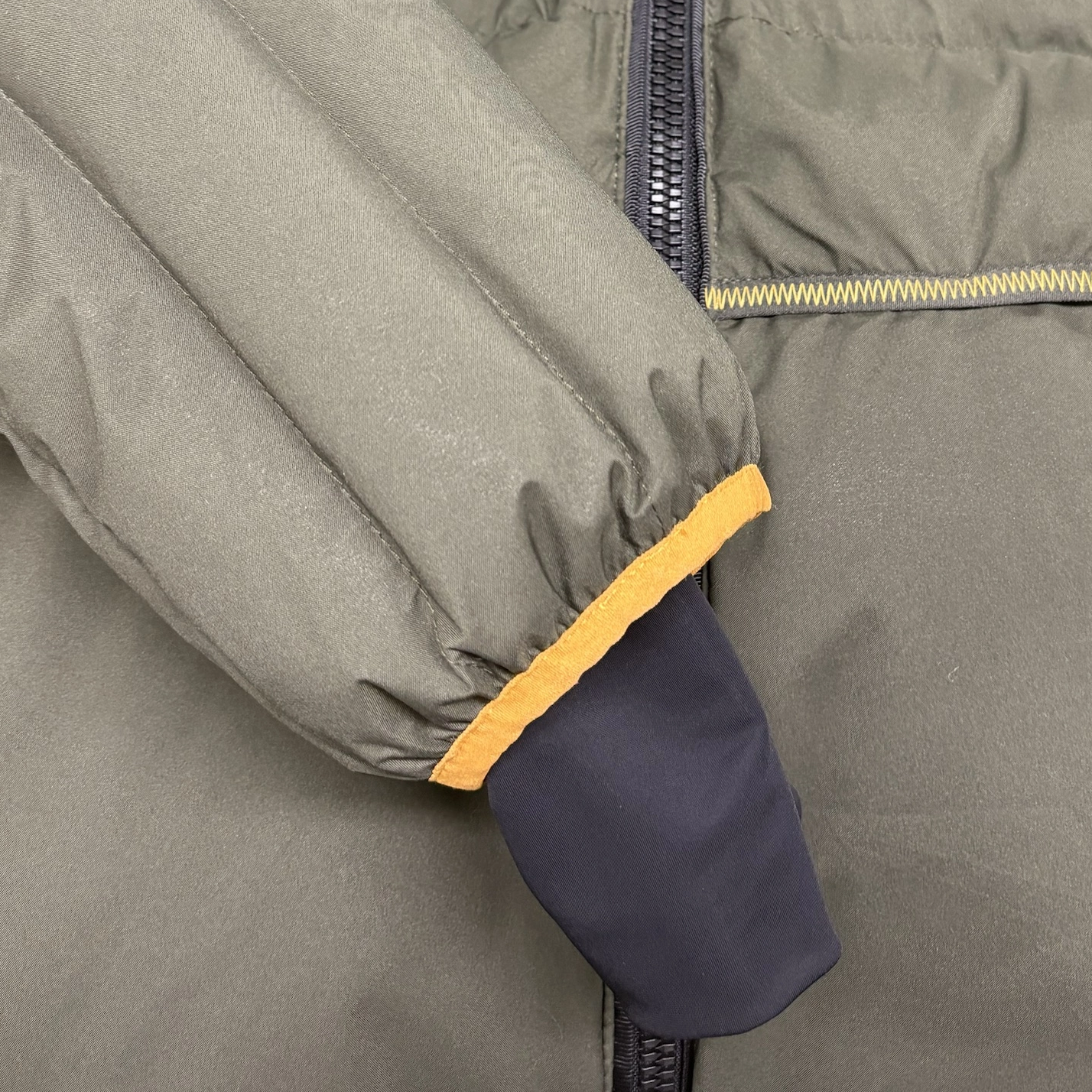 Piping-Accented Short Puffer Coat with Velcro Hood Brim