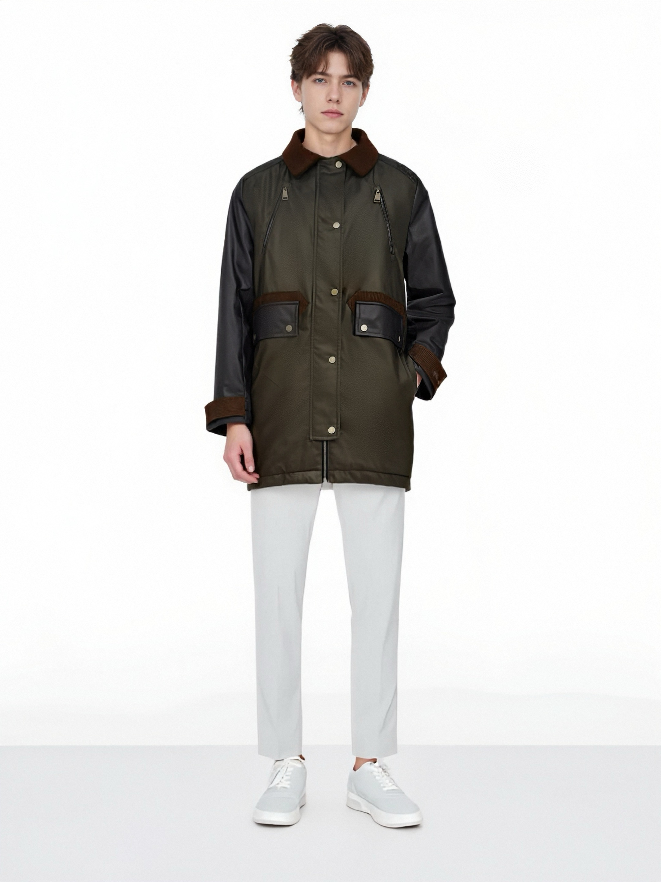 Mixed-Material Long Shirt-Collar Coat