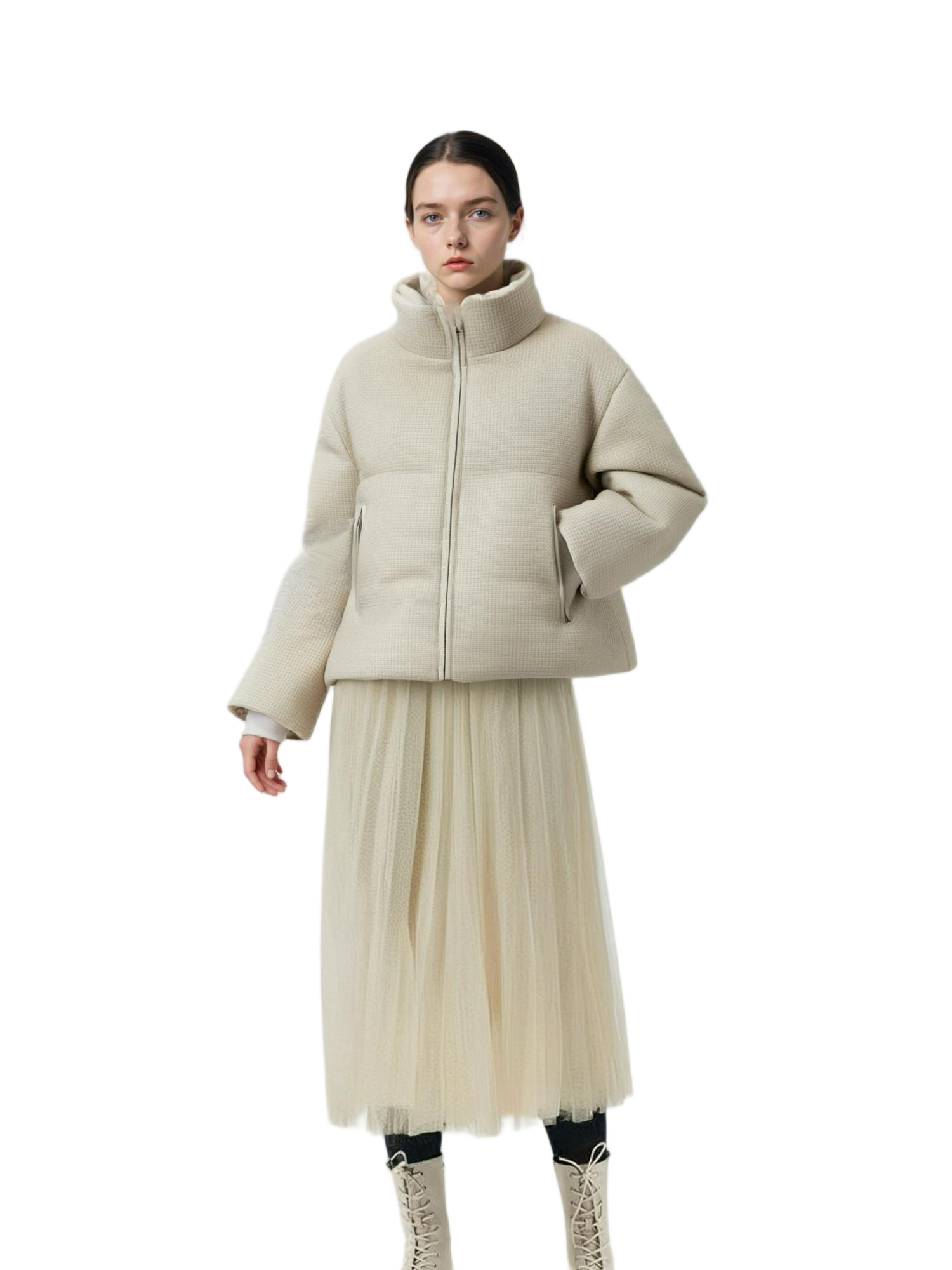 Tweed & Matte Mixed Short Puffer Coat with Contrast Double Stand Collar