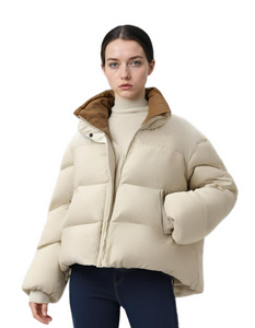 Corduroy & Matte Mixed Short Puffer Coat - Contrast Double Stand Collar Water-Repellent 