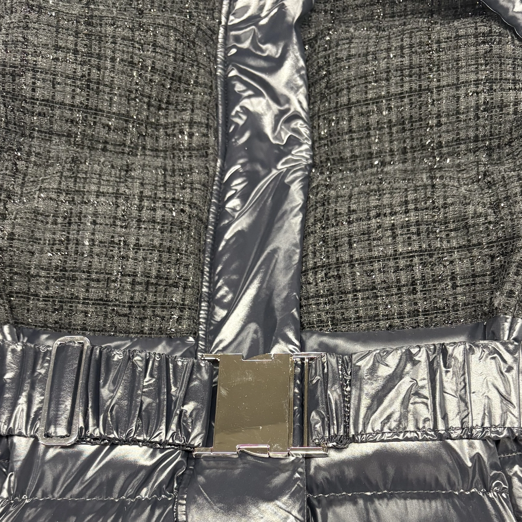 Tweed & Lacquer Mixed Long Puffer Coat with Oversized Adjustable Hood & Structured Belt 