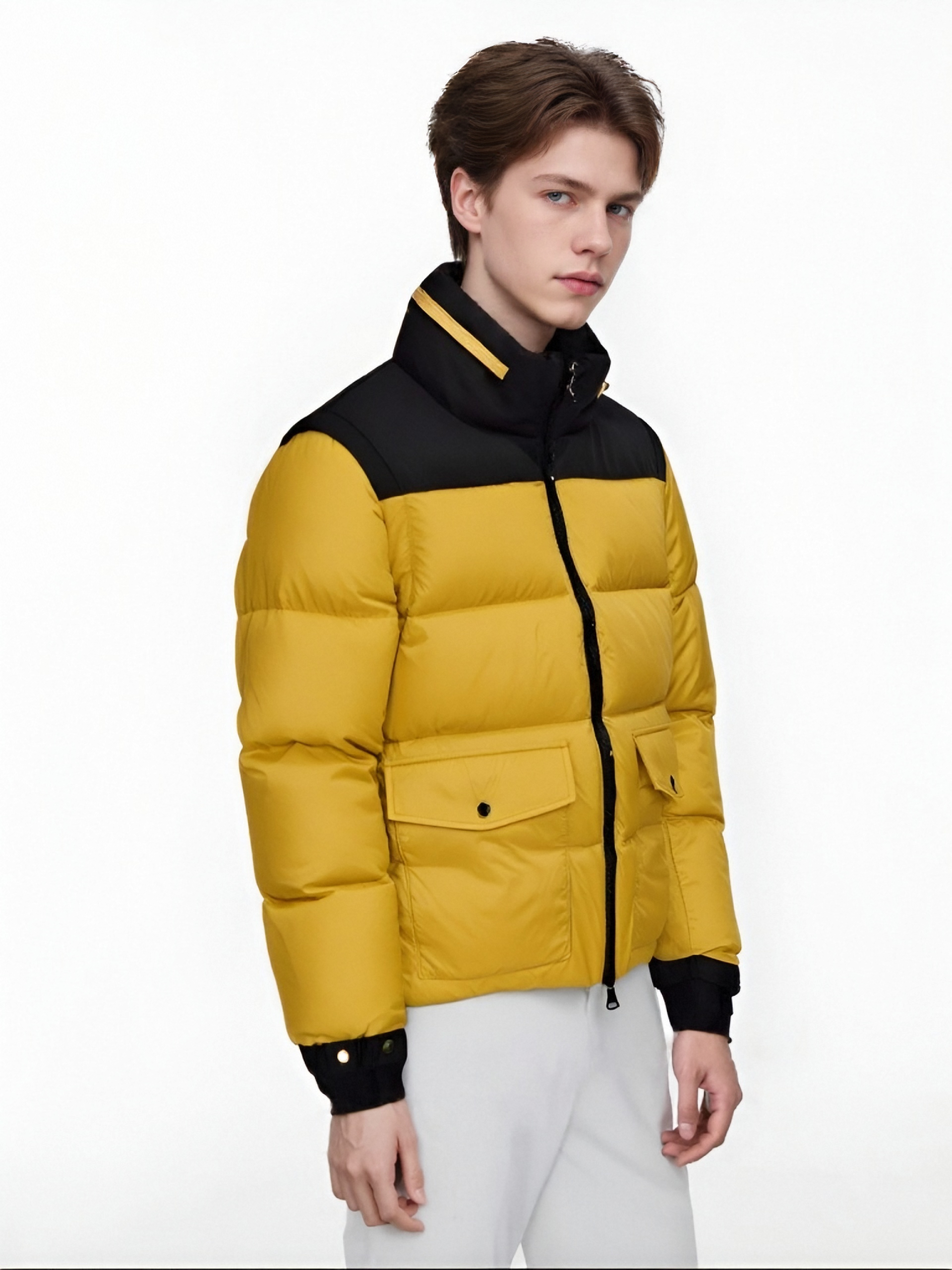 Matte & Lacquer Mixed Short Puffer Coat with Detachable Sleeves