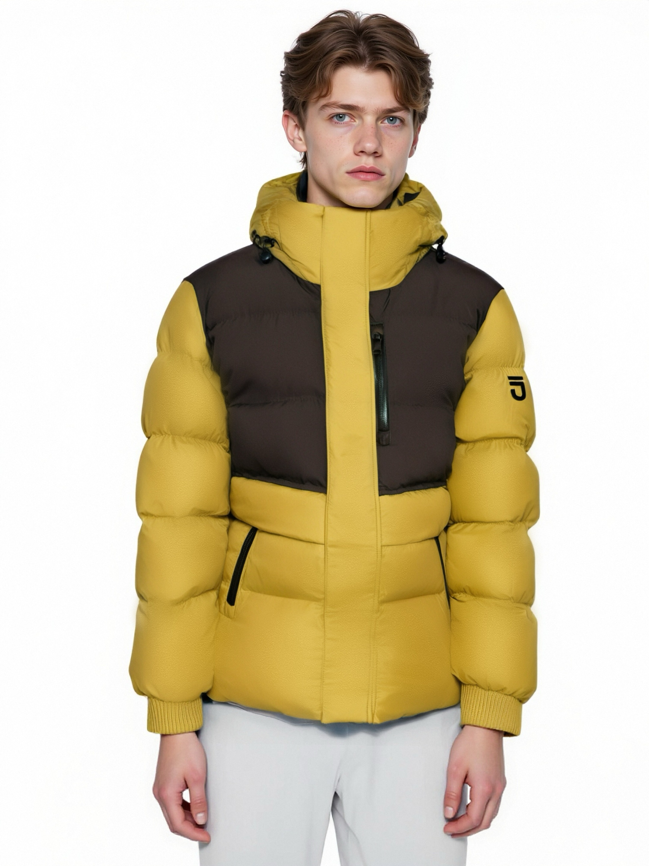 Color-Blocked Short Puffer Coat with Knit-Accent Details 