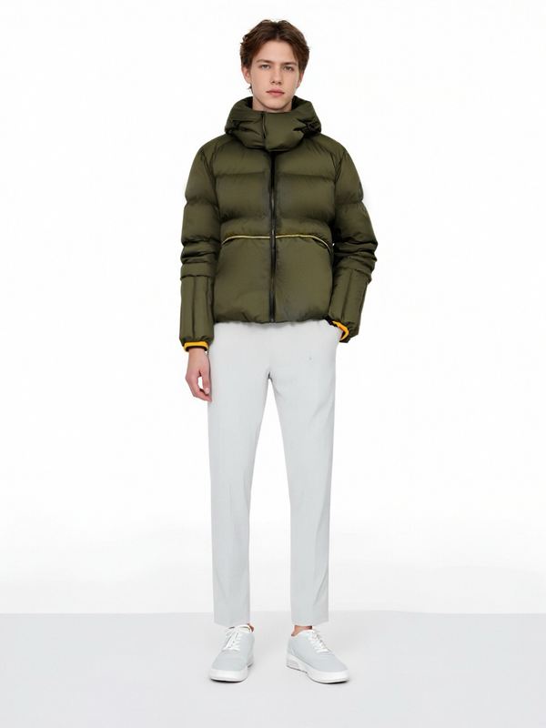 Piping-Accented Short Puffer Coat with Velcro Hood Brim