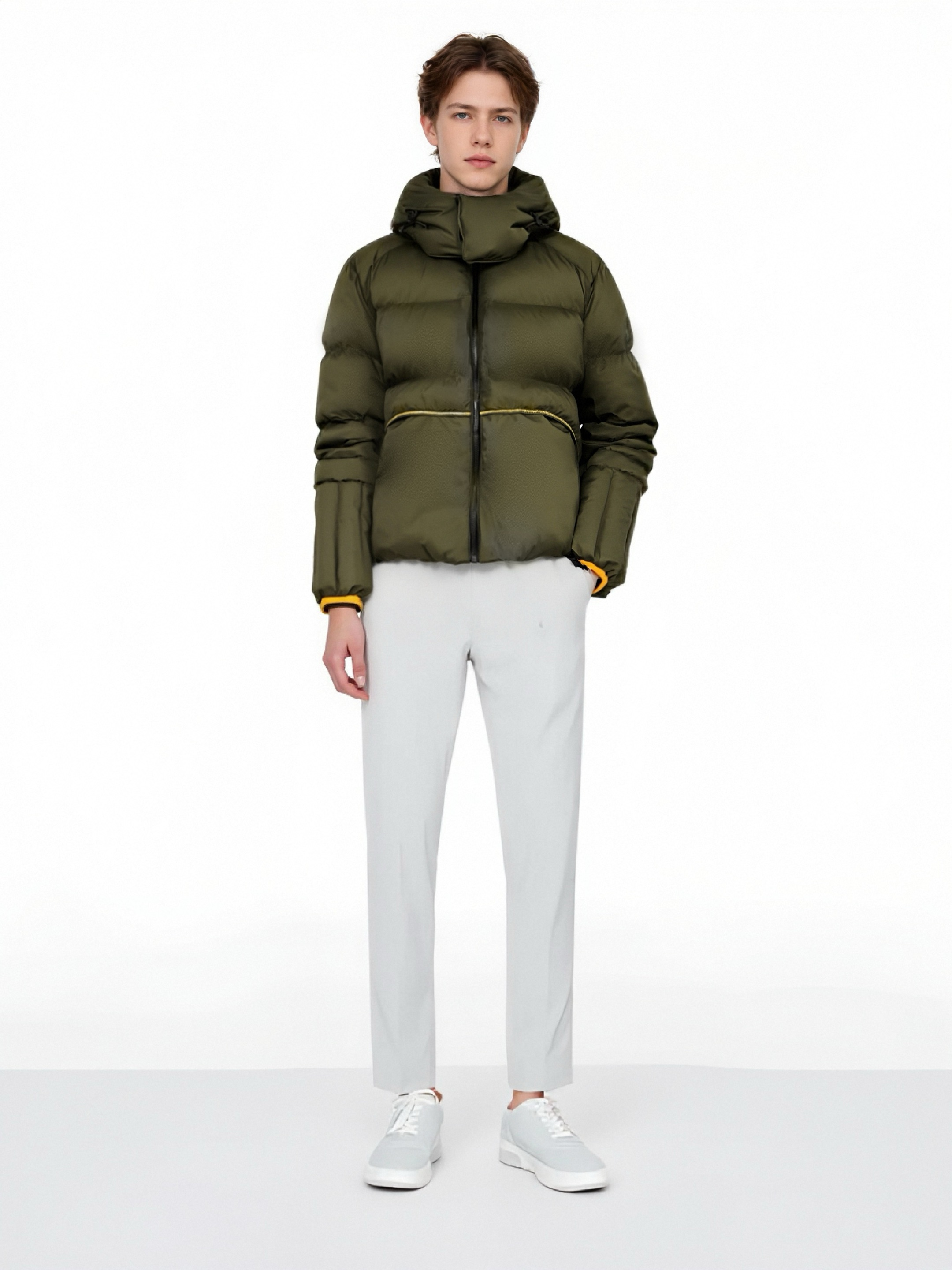 Piping-Accented Short Puffer Coat with Velcro Hood Brim