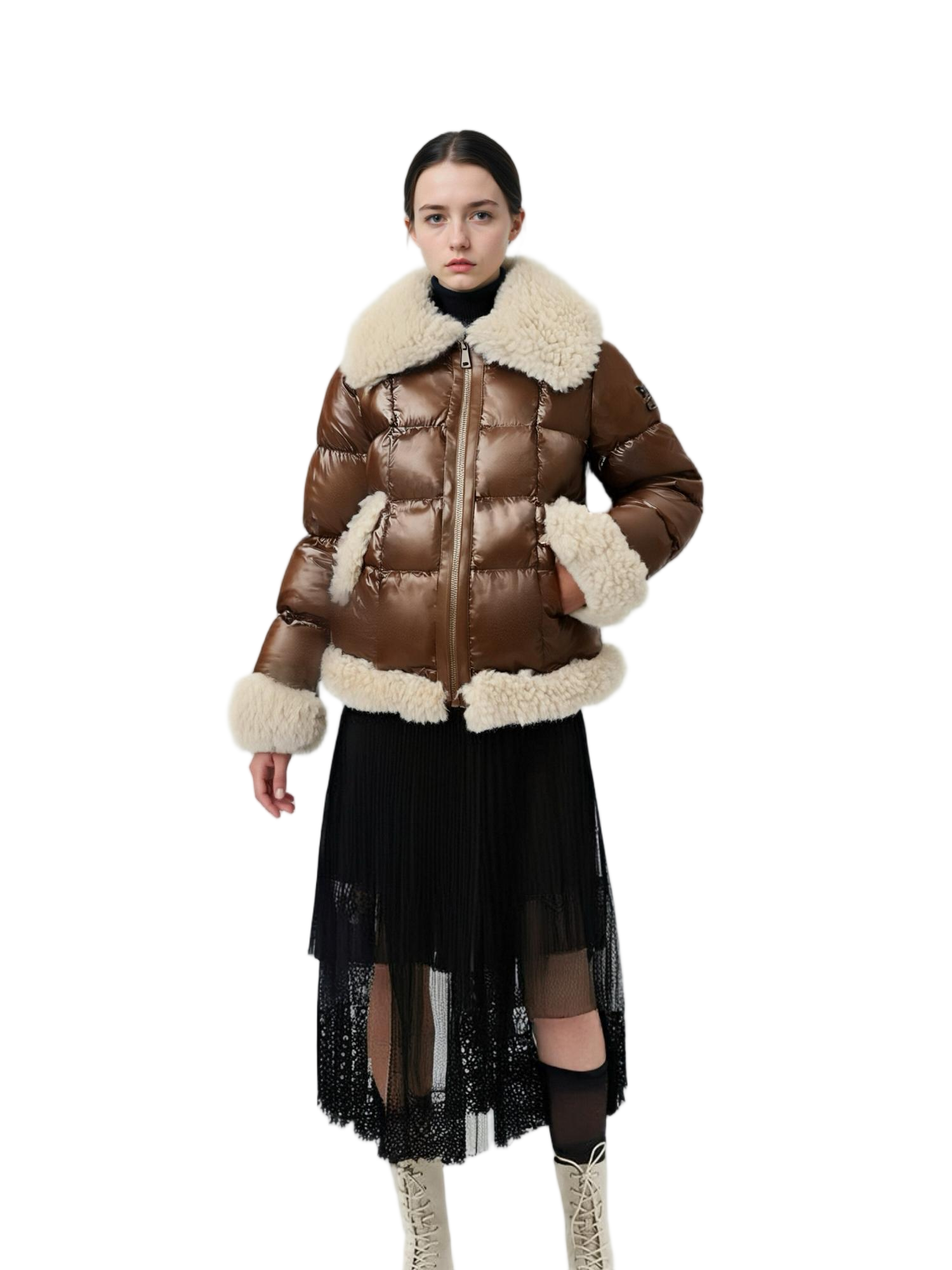 Short Puffer Coat with Fur and Lacquer Mix 