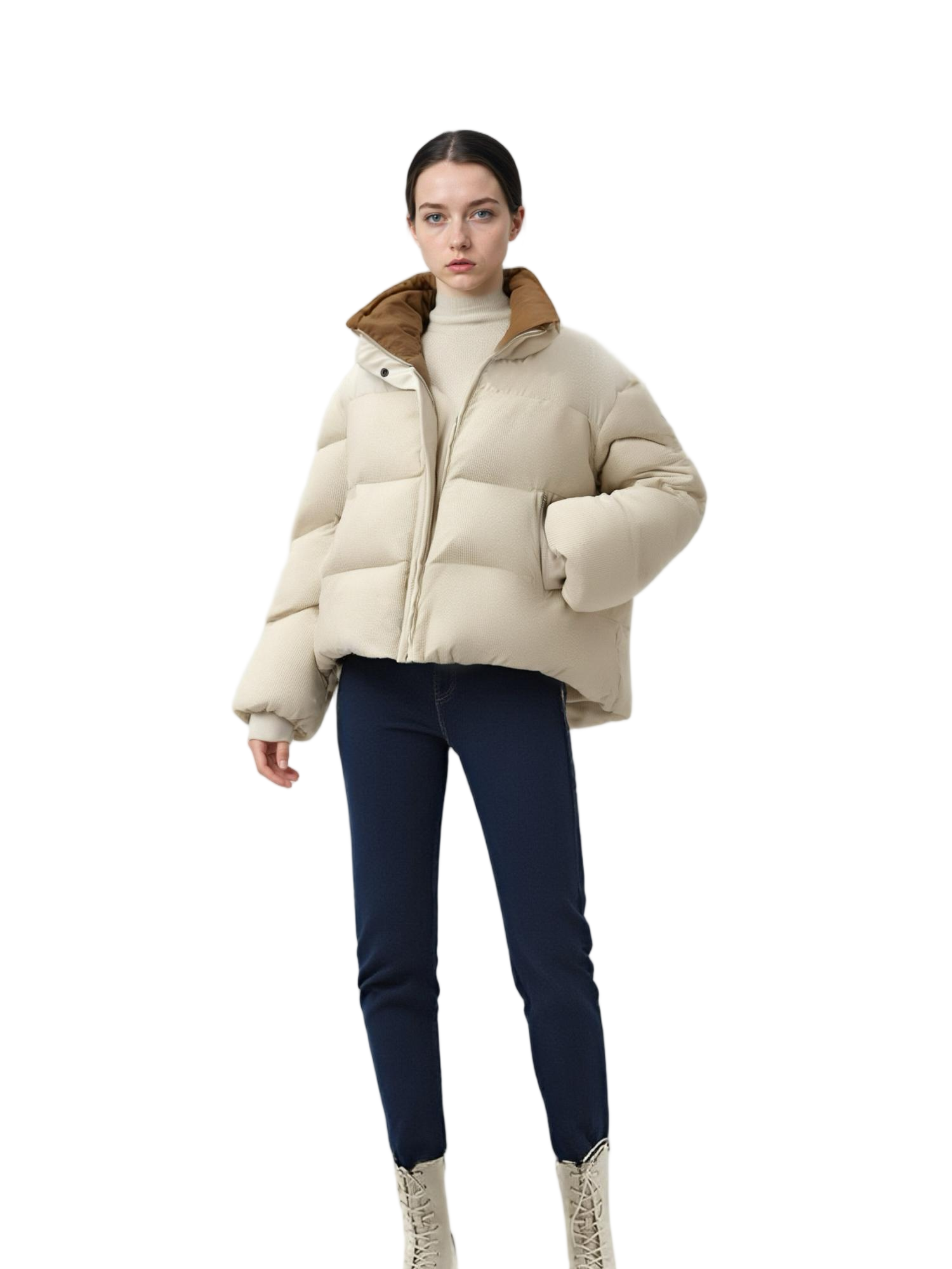 Corduroy & Matte Mixed Short Puffer Coat - Contrast Double Stand Collar Water-Repellent 