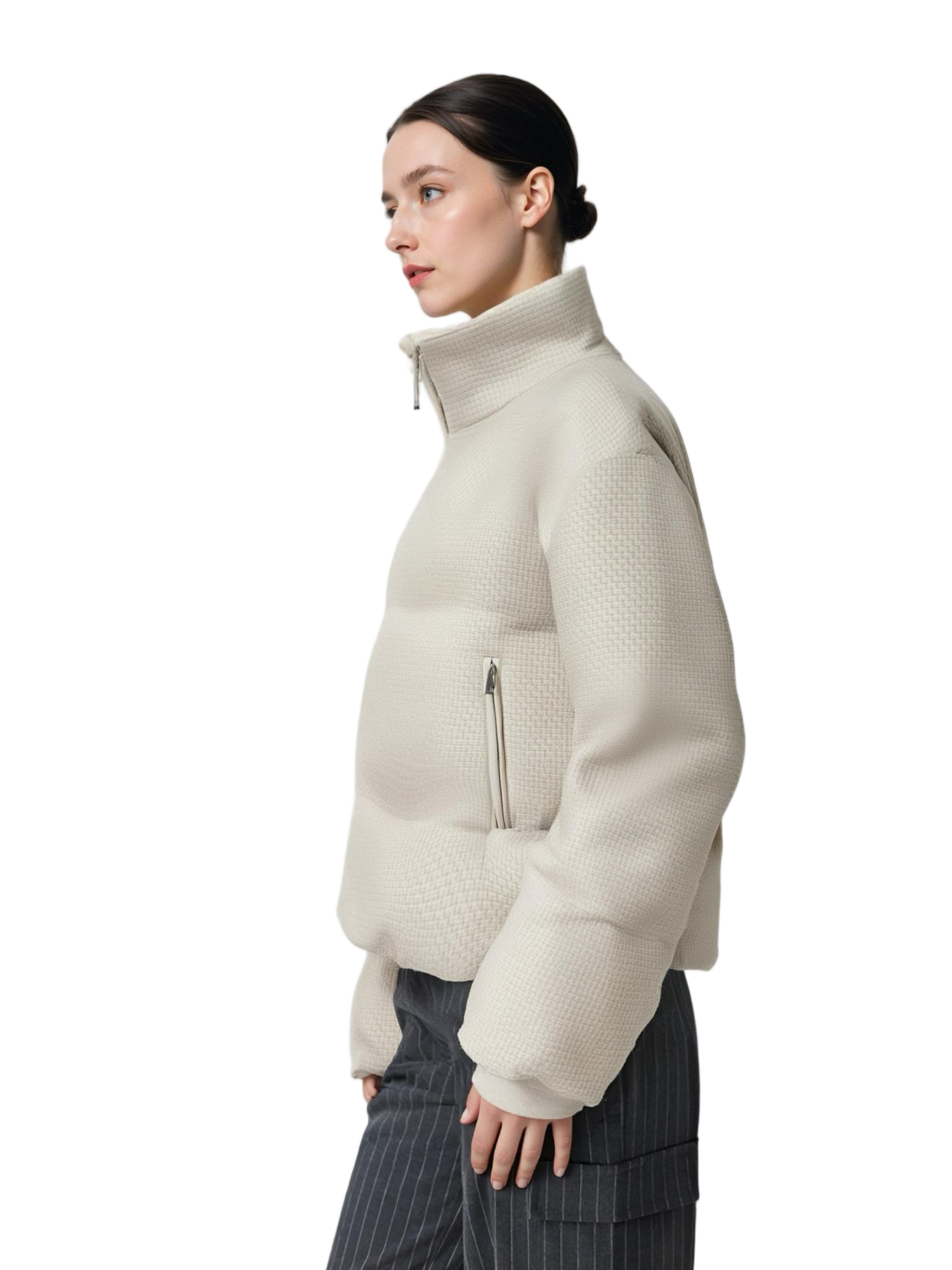 Tweed & Matte Mixed Short Puffer Coat with Contrast Double Stand Collar