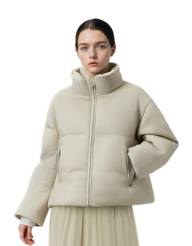 Tweed & Matte Mixed Short Puffer Coat with Contrast Double Stand Collar