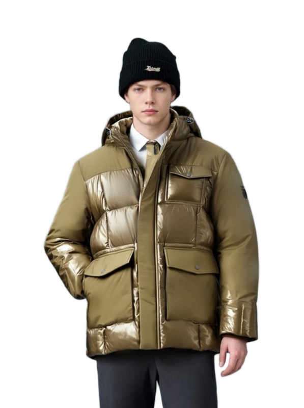 Matte & Lacquer Mixed Puffer Coat with Multi-Functional Pockets 