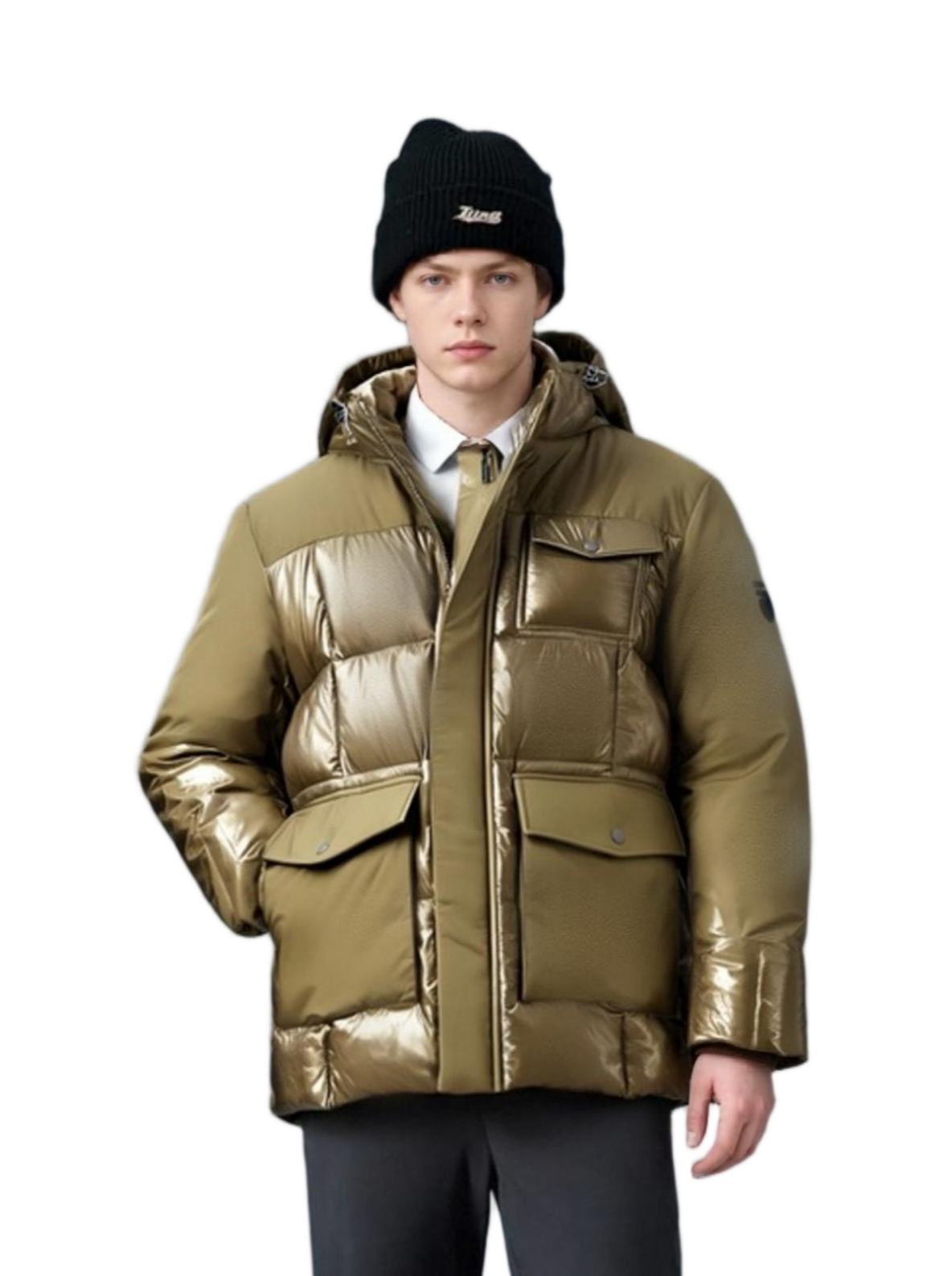 Matte & Lacquer Mixed Puffer Coat with Multi-Functional Pockets 