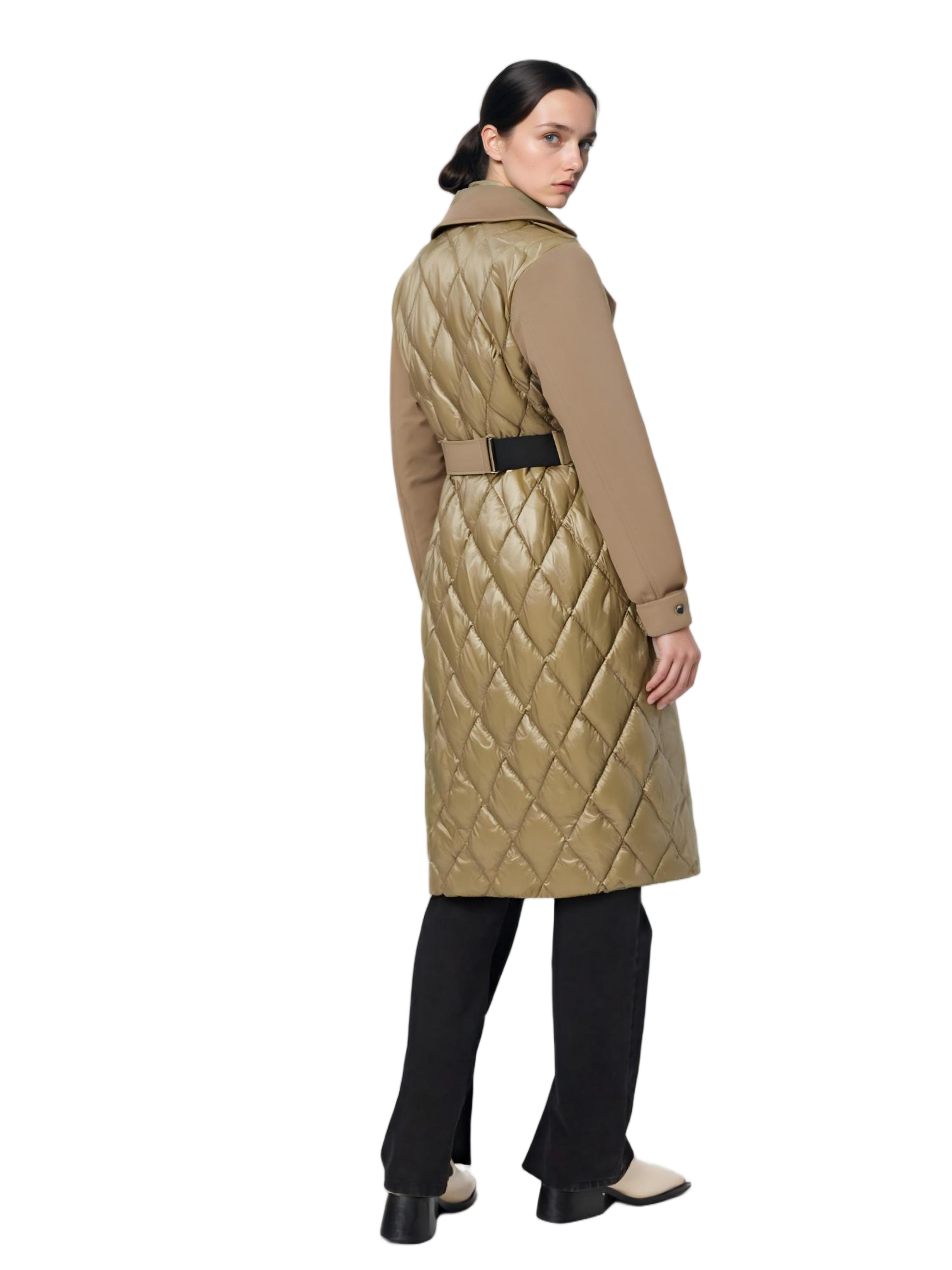 Lacquer & Matte Mixed Long Trench Coat with Diamond Quilted Back