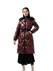 Lacquer & Matte Mixed Long Puffer Coat with Detachable Hood & Curved Quiltings