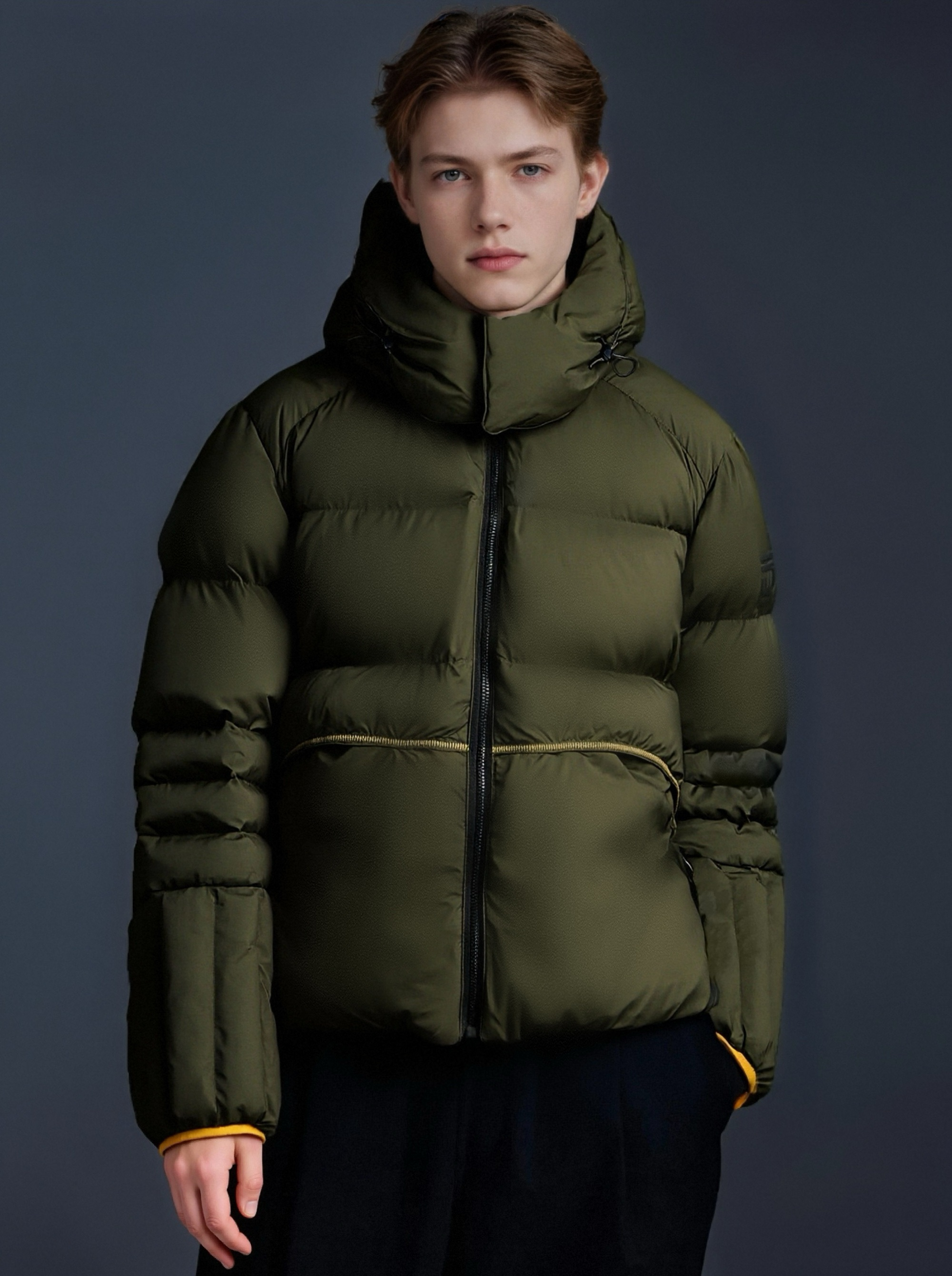 Piping-Accented Short Puffer Coat with Velcro Hood Brim
