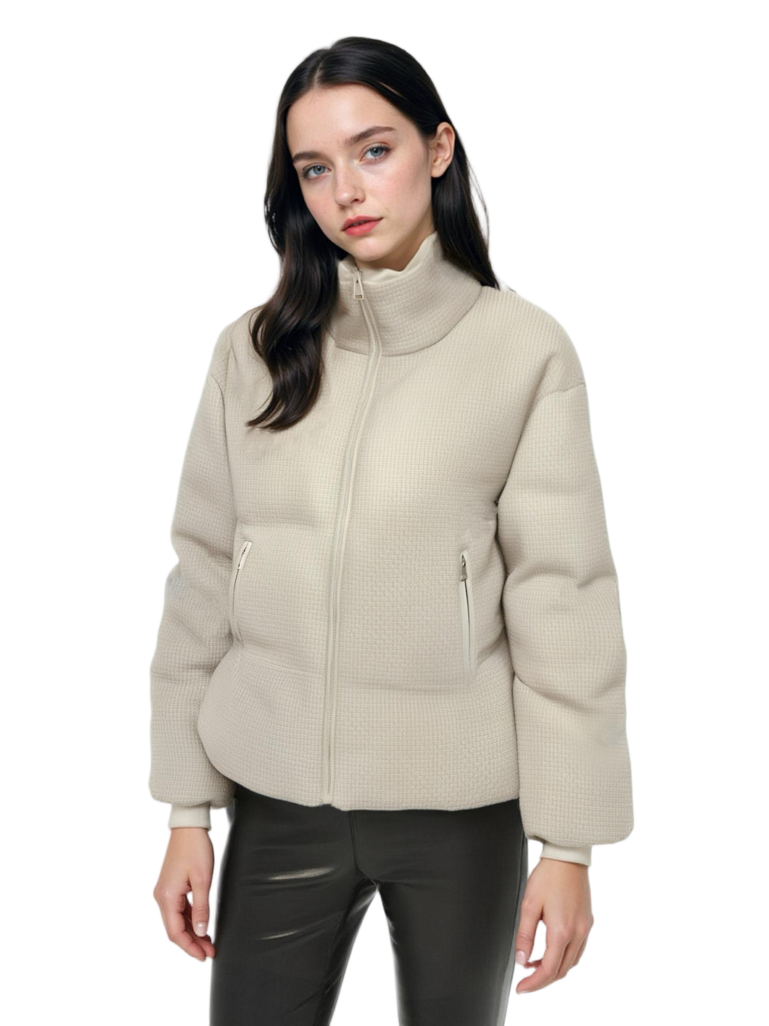 Tweed & Matte Mixed Short Puffer Coat with Contrast Double Stand Collar