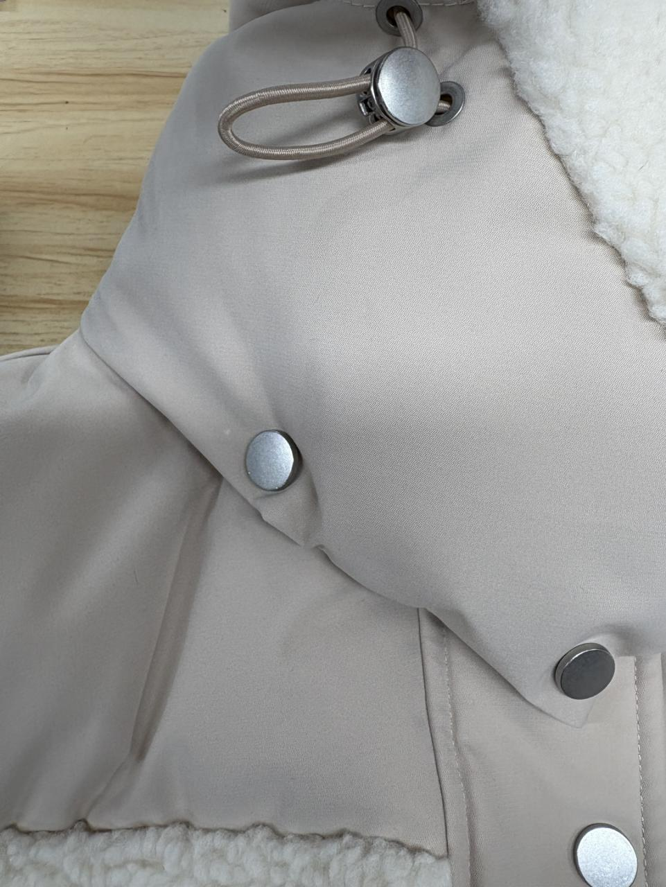 Matte & Lacquer Mixed Long Puffer Coat with Visible Snaps & Flap Pockets
