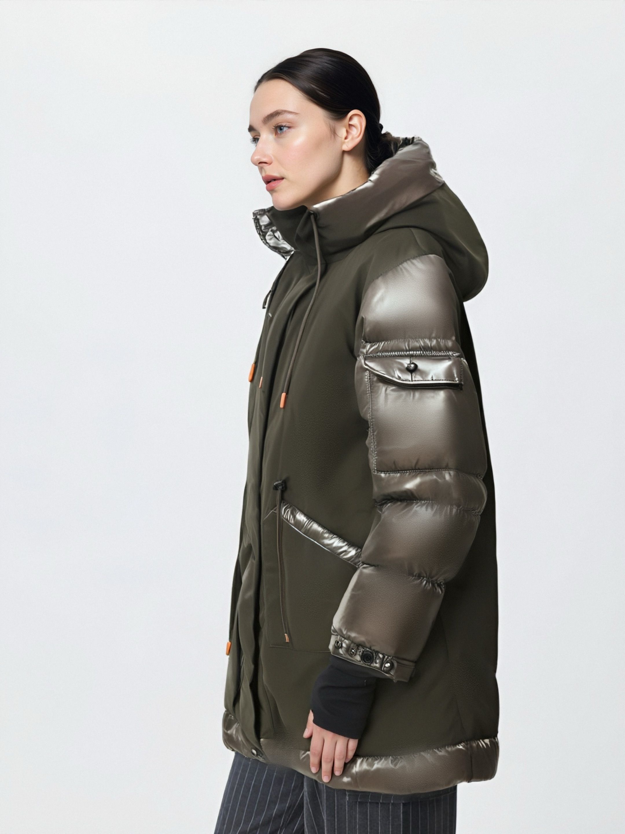 Matte & Lacquer Mixed Midi-Length Parka Coat with Left Sleeve Pocket