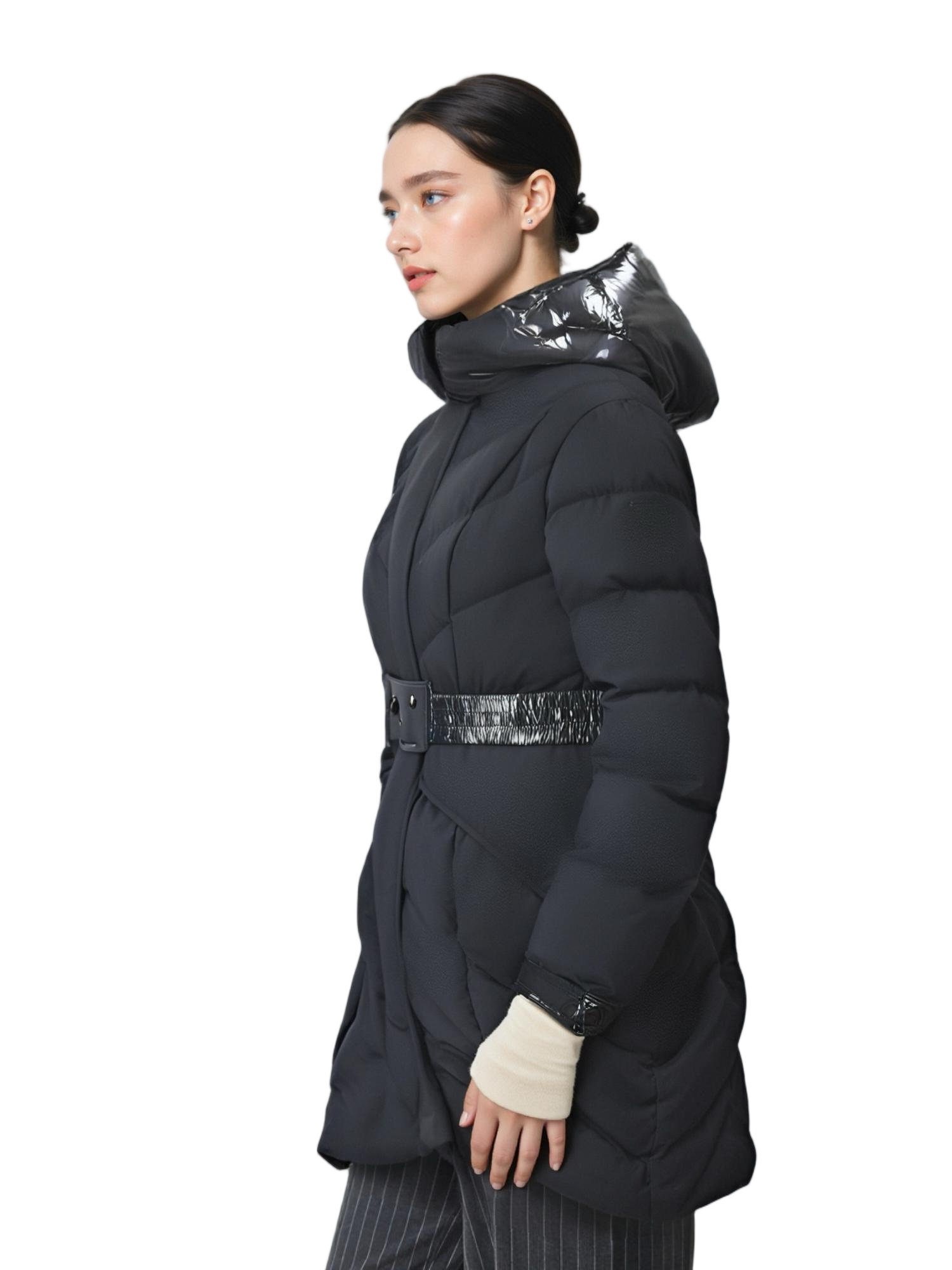 Matte & Lacquer Mixed Long Puffer Coat with Detachable Hood & Adjustable Belt