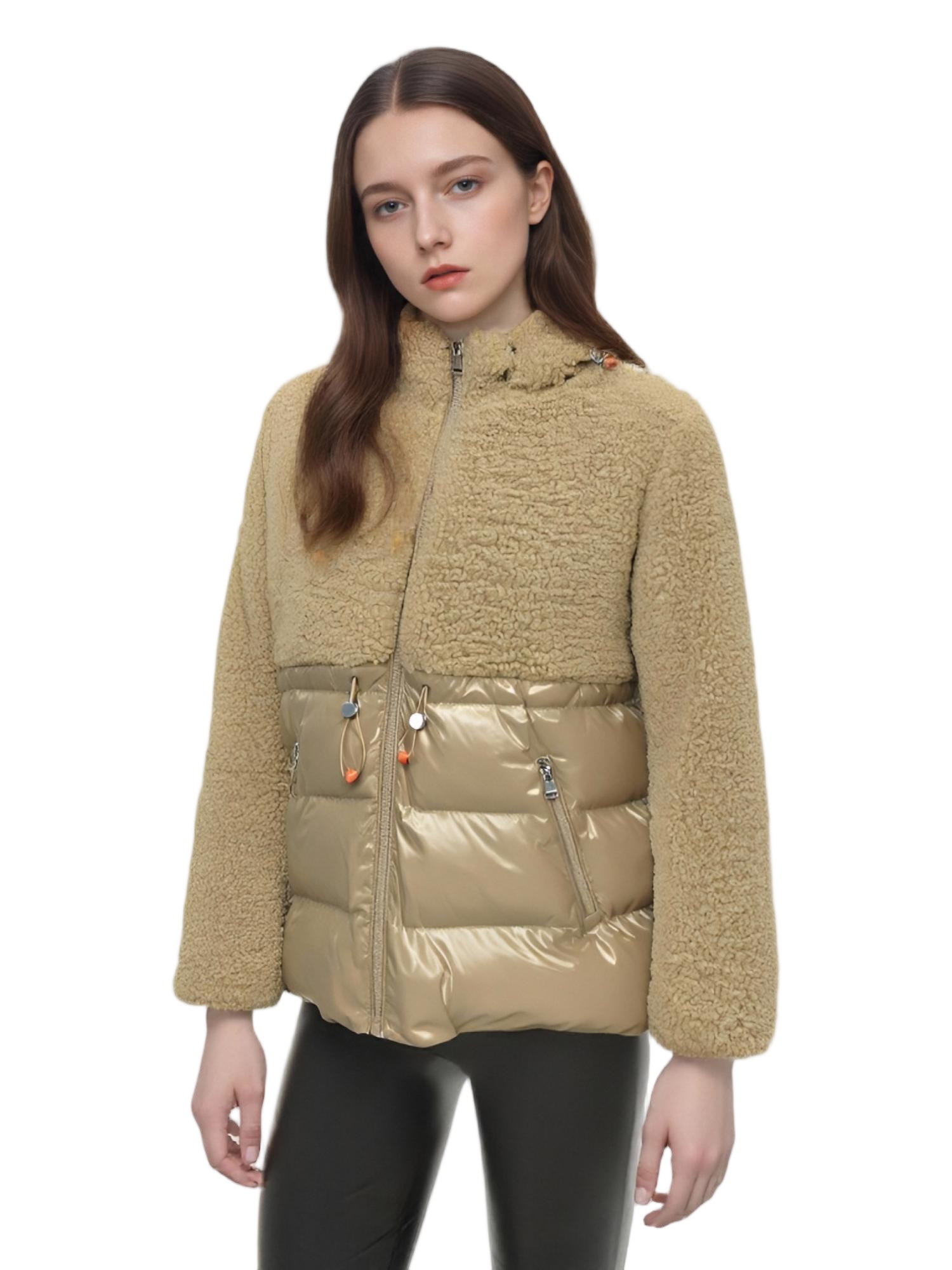 Fleece & Lacquer Mixed Puffer Coat with Adjustable Hood 