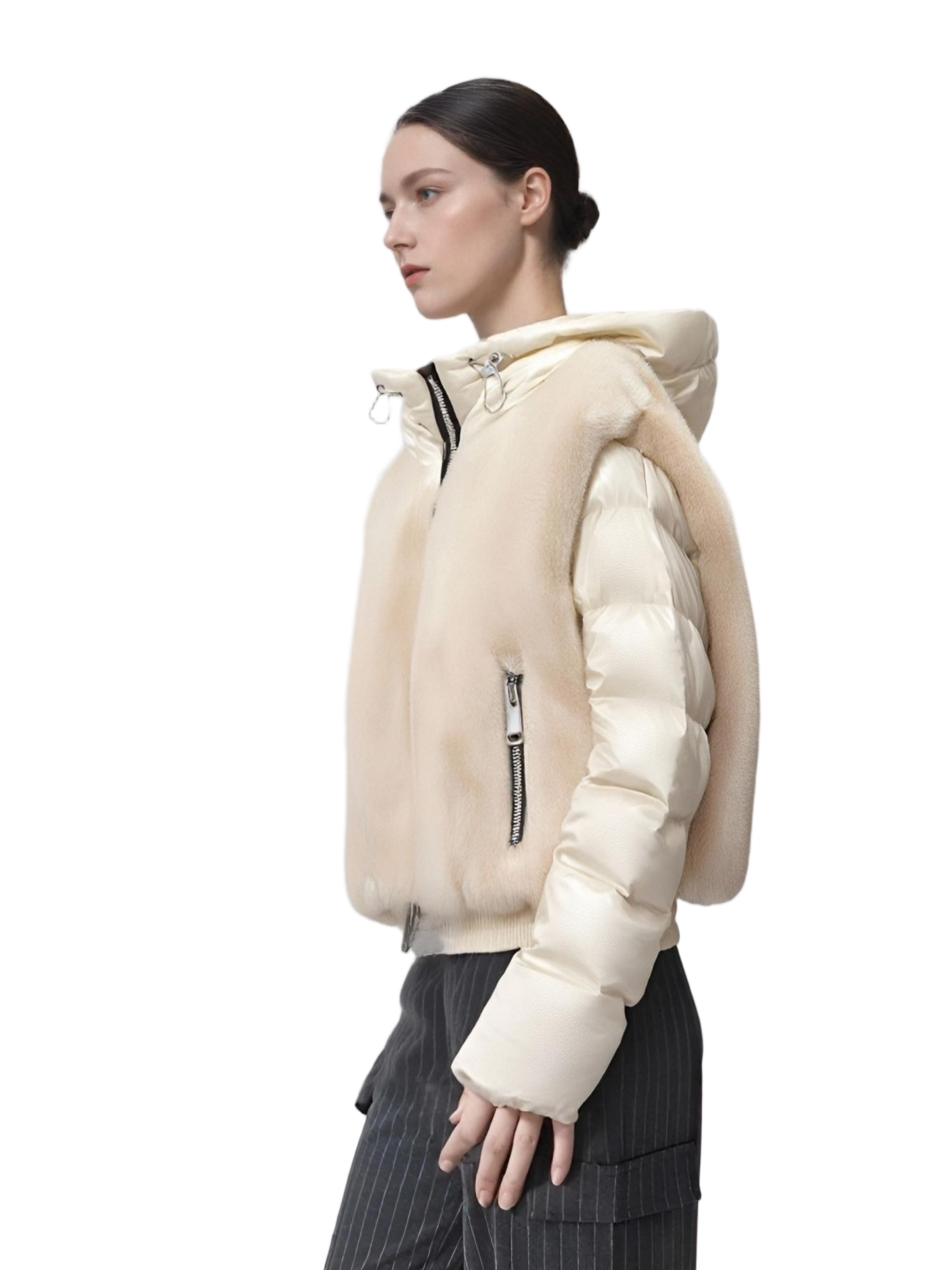 Fur & Lacquer Mixed Short Puffer Coat with Adjustable Hood
