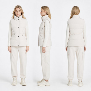 Women’s White Stand-Collar Crop Down Vest: Heat-Storing Tech & Stowable Hood