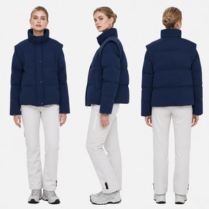 Women's Navy Blue Detachable-Sleeve Down Jacket: 2-in-1 Multi-Season Training Coat