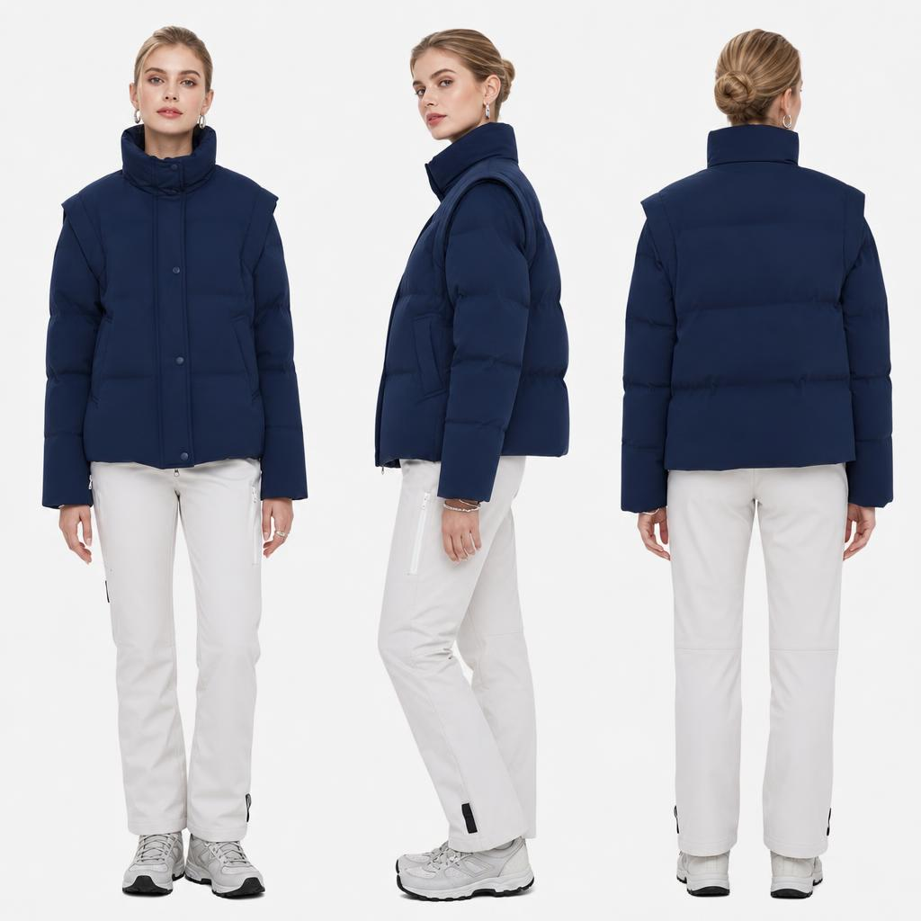 Women's Navy Blue Detachable-Sleeve Down Jacket: 2-in-1 Multi-Season Training Coat