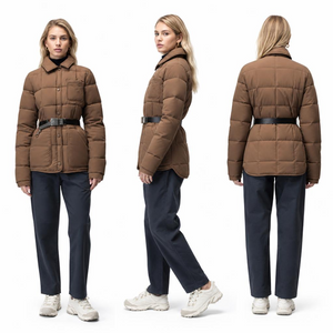 Warm Brown Ultra-Light Color-Blocked Puffer Jacket: Women’s Checked Fabric & PU Belt