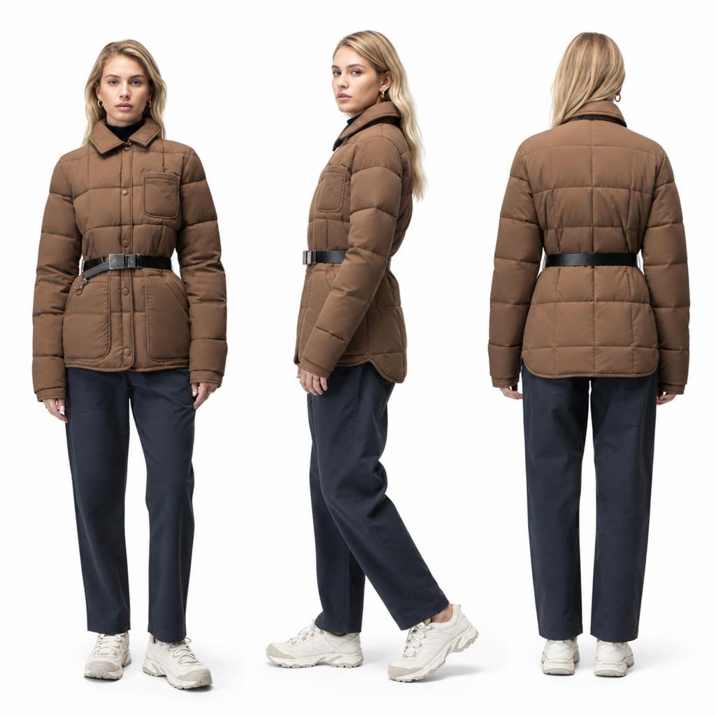 Warm Brown Ultra-Light Color-Blocked Puffer Jacket: Women’s Checked Fabric & PU Belt