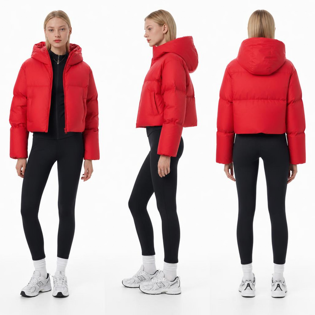Women’s Vibrant Red Cropped Faux-Down Jacket: Lining-Free Zero-Pressure Comfort