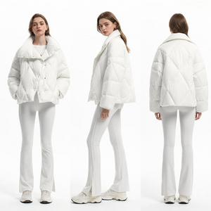 Ivory High Collar Oversized Diamond Quilt Puffer: Women’s Lightweight Polyester Fake Down Jacket