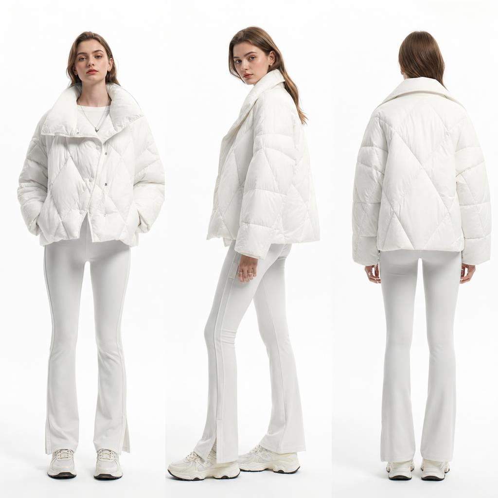 Ivory High Collar Oversized Diamond Quilt Puffer: Naisten kevyt polyesteri tekountuvatakki