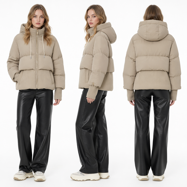 Short Puffer Coat with Tweed - Matte Mix