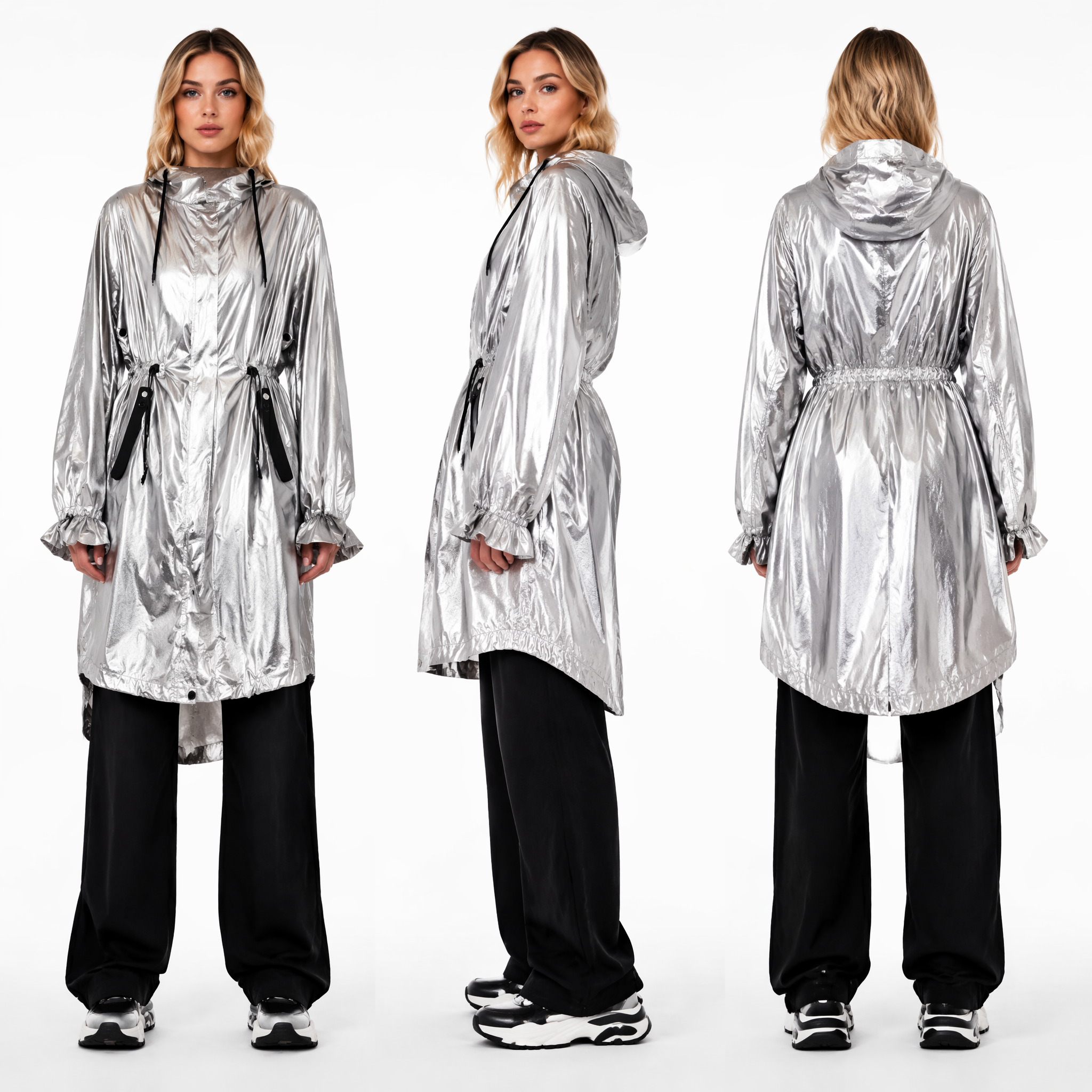 Bright Silver Metallic Wrinkle-Effect Waterproof Raincoat: Women’s Adjustable Cords & Mesh Venting