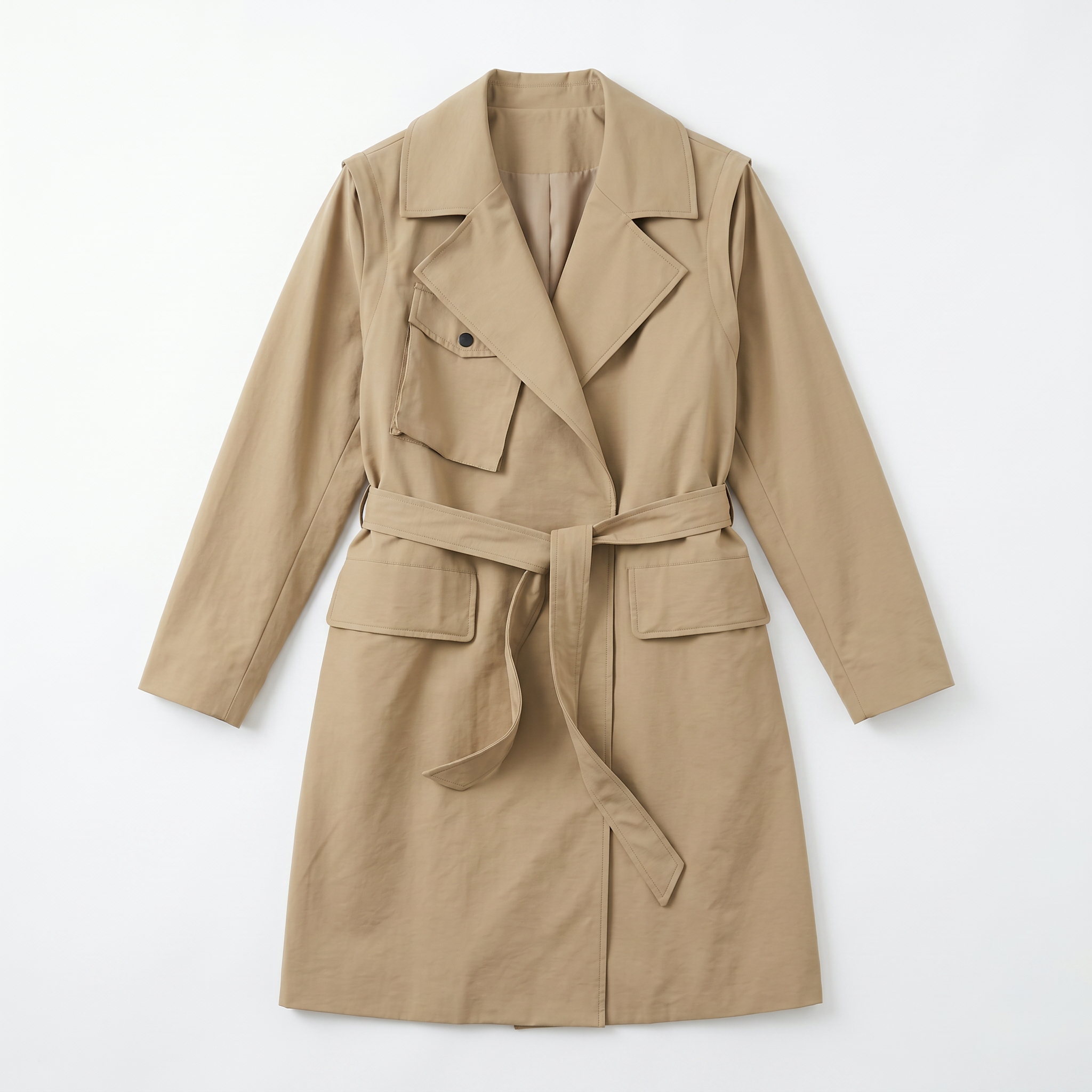 Women’s Convertible Long Trench Coat – Detachable Sleeve Water-Repellent Beige Trench Jacket