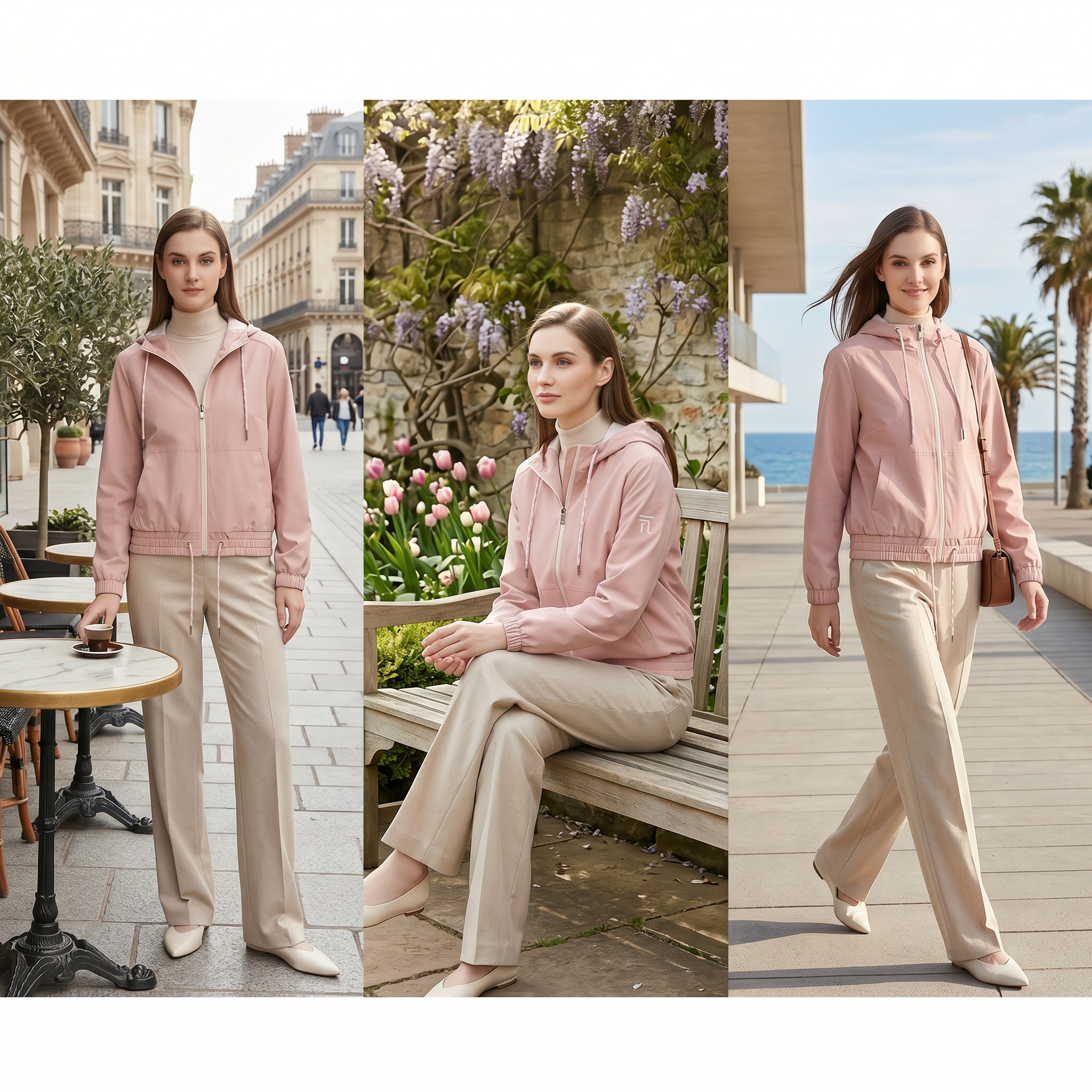 Women’s Pastel Pink Hooded Anorak Jacket – Tweed-Mixed Woven, Water-Repellent, Casual Parisian Style