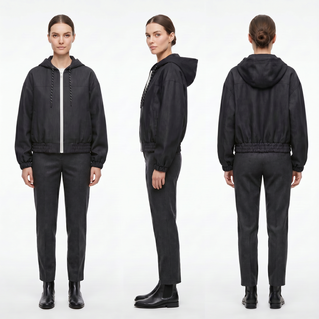 Women’s Boxy Hooded Bomber Jacket – Faux Denim Twill, Water-Repellent, Urban Relaxed Fit