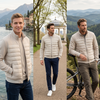 Men’s Spliced Light Padded Bomber Jacket – 3-Tier Mixed Fabric Water Repellent Transition Coat for Commute & Cycling
