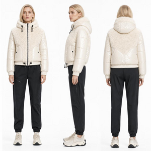 Women Cropped Hybrid Bunny Fur Shiny Puffer Jacket | Mixed Fabric Hooded Winter Coat