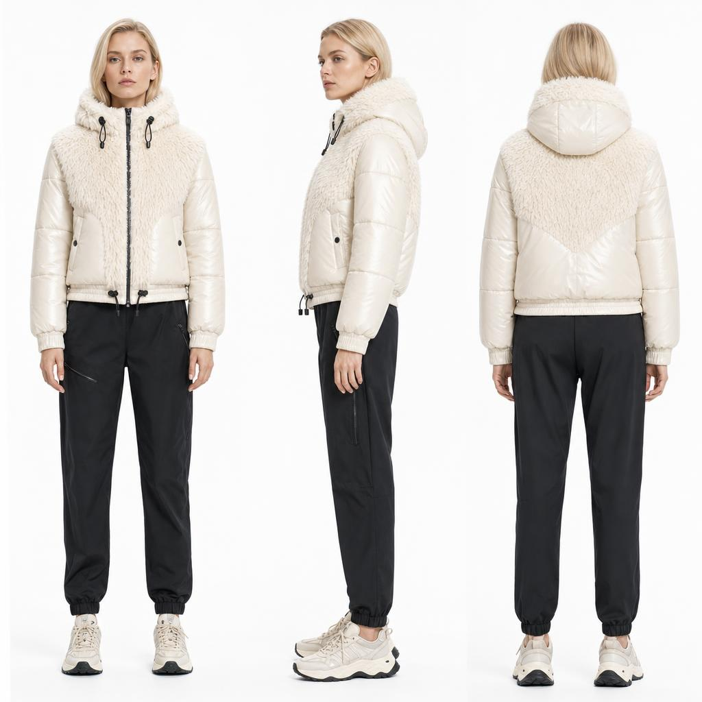 Women Cropped Hybrid Bunny Fur Shiny Puffer Jacket | Mixed Fabric Hooded Winter Coat