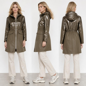 Khaki Metallic-Luster Patchwork Windproof Jacket: Women's Adjustable Elastic Waist at Dual-Fabric Design