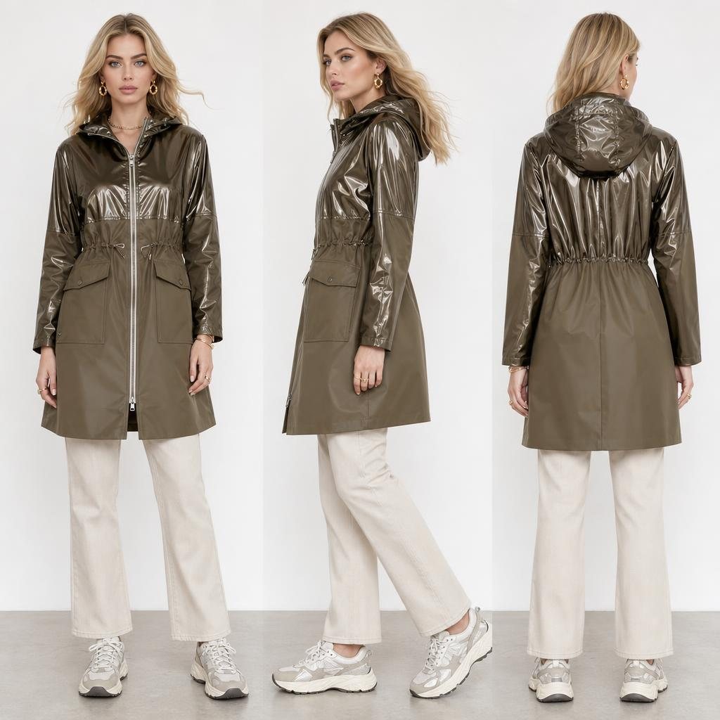 Khaki Metallic-Luster Patchwork Windproof Jacket: Women’s Adjustable Elastic Waist & Dual-Fabric Design