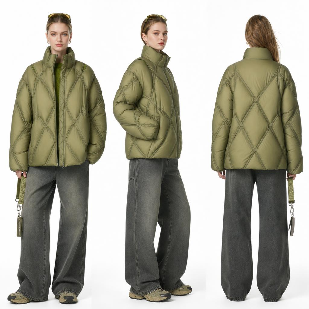 Women's Winter Stand - Collar Shoulder - Cutout Diamond - Quilted Mid - Length Down Jacket - Minimalist Commuting Style