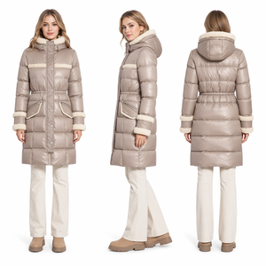 Matte-Lacquer Mixed Long Puffer Coat: Visible Snaps & Inner Elastic Waist