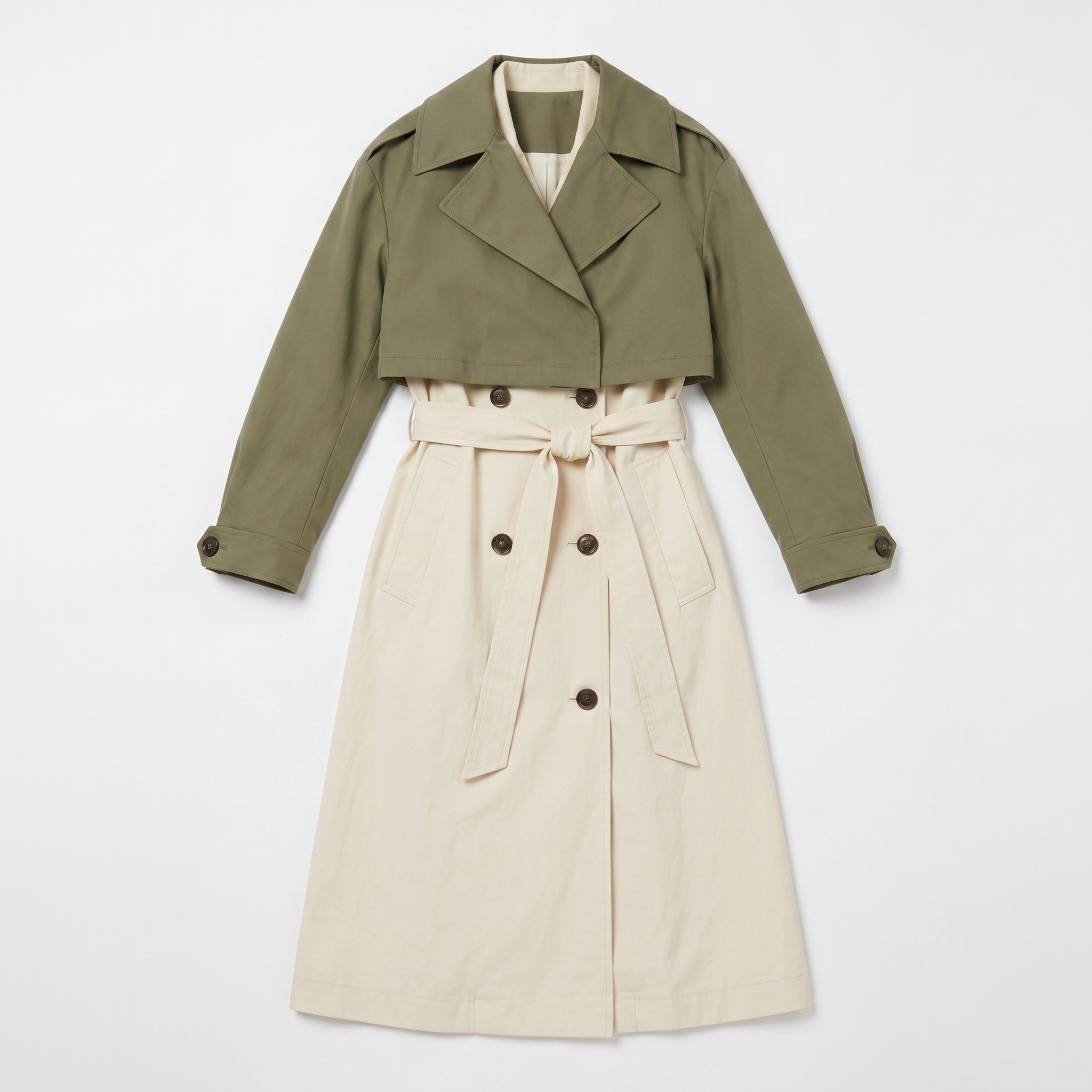 Long 3-in-1 Trench Coat – Dropped Shoulders, Blazer Collar, Color-Mixed Design for Business & Casual Layers