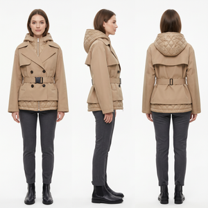 Women’s 2-in-1 Convertible Trench Coat – Removable Quilted Vest, Water-Repellent Twill, Belted Waist, Hooded